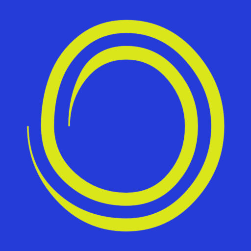 A gold swirl circle on a blue background